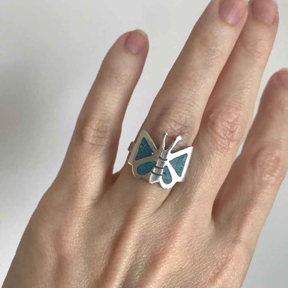 TAXCO Turquoise Butterfly 🦋 Sterling Silver Ring - Picture 4 of 5